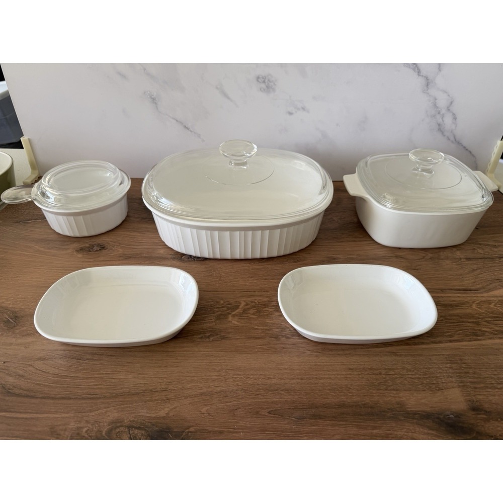 LOT OF 5 PIECES CORNING WARE Just White Casserole Dish w Pyrex Lids MADE IN USA